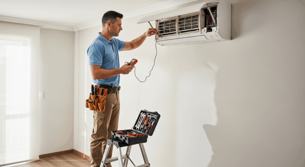 AC Repair Technician Fixing a Split Type Unit